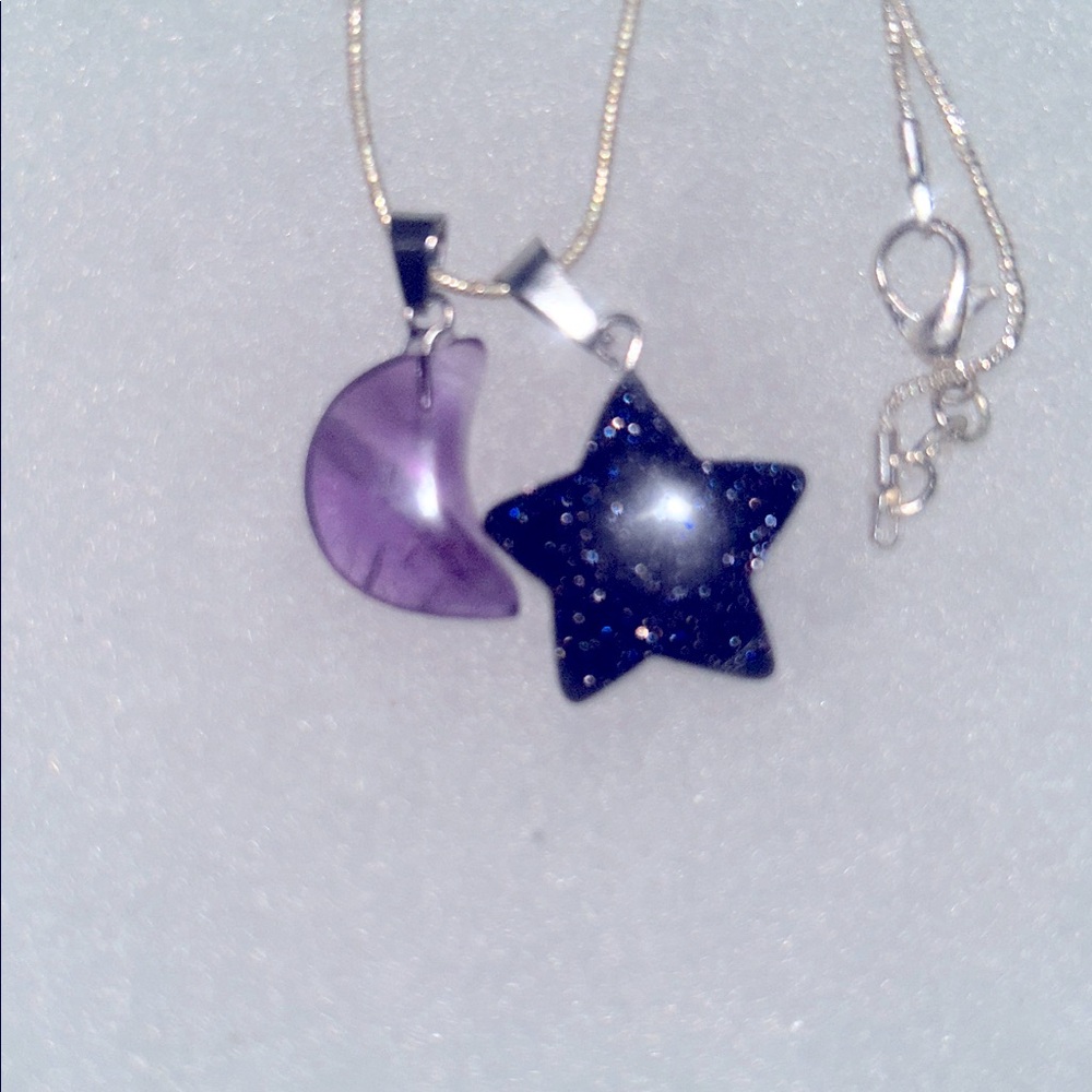 Blue Goldstone Crystal Star ⭐️ and Amethyst Moon 🌙 sterling silver neckl… - Picture 3 of 6